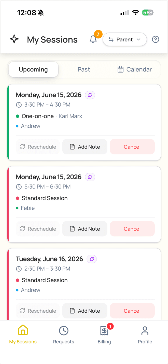 LogPose parent app showing upcoming sessions